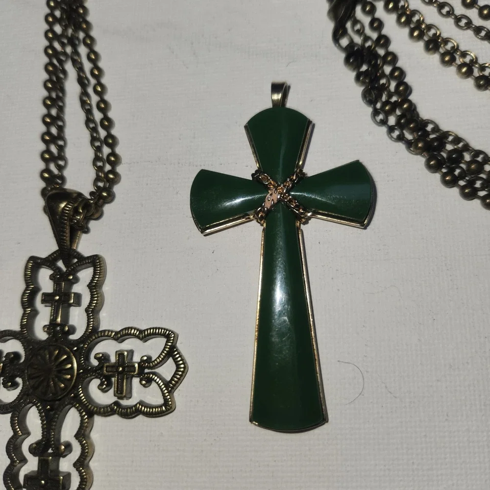 Ornate Bronze Filigree Cross Necklace and Green  acrylic Gold Tone Cross Pendant